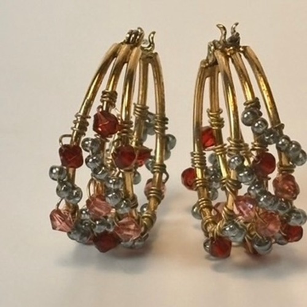 Vintage Beaded Hoop Earrings Delicate Red Pink Boho Whimsygoth Statement